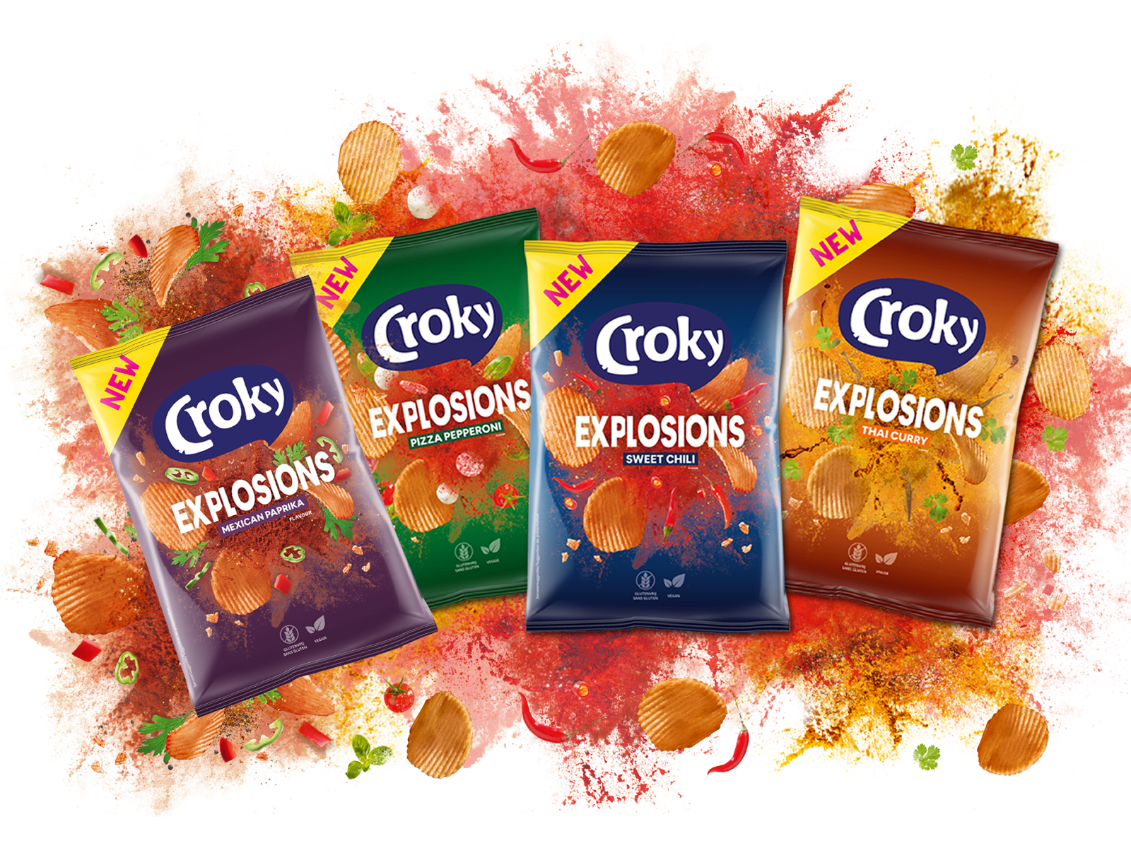 Croky Explosions assortiment Mexican Paprika Pizza Pepperoni Thai Curry Sweet Chili Mac Cheese